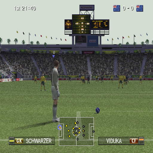PES 2008: Pro Evolution Soccer (PlayStation 2) screenshot: For special events such as yellow cards, goal kicks or player reactions the game does use a different camera angle