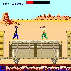 Express Raider (Arcade) screenshot: Dodge his bullets.