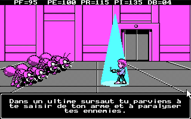 Le Labyrinthe de Morphintax (DOS) screenshot: It was a trap! The laser gun will blast the ants!