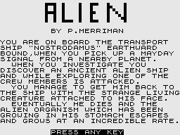 Alien (ZX81) screenshot: Title + story
