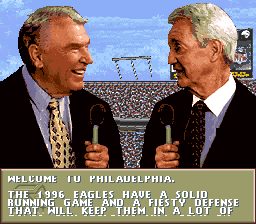 Madden NFL 97 (SNES) screenshot: John Madden on the Eagles