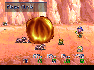 Lunar: Silver Star Story - Complete (PlayStation) screenshot: Testing out a new mighty fireball spell on poor unsuspecting ants