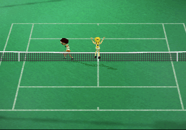 Anna Kournikova's Smash Court Tennis (PlayStation) screenshot: The AI player has won and is jumping for joy. It's quite sweet the way the defeated player walks slowly off the court with their head down. Demo version