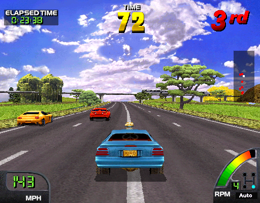 Cruis'n World (Arcade) screenshot: Bullet train ahead.