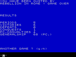 Roman Empire (ZX Spectrum) screenshot: Rebellion in Rome - Game Over