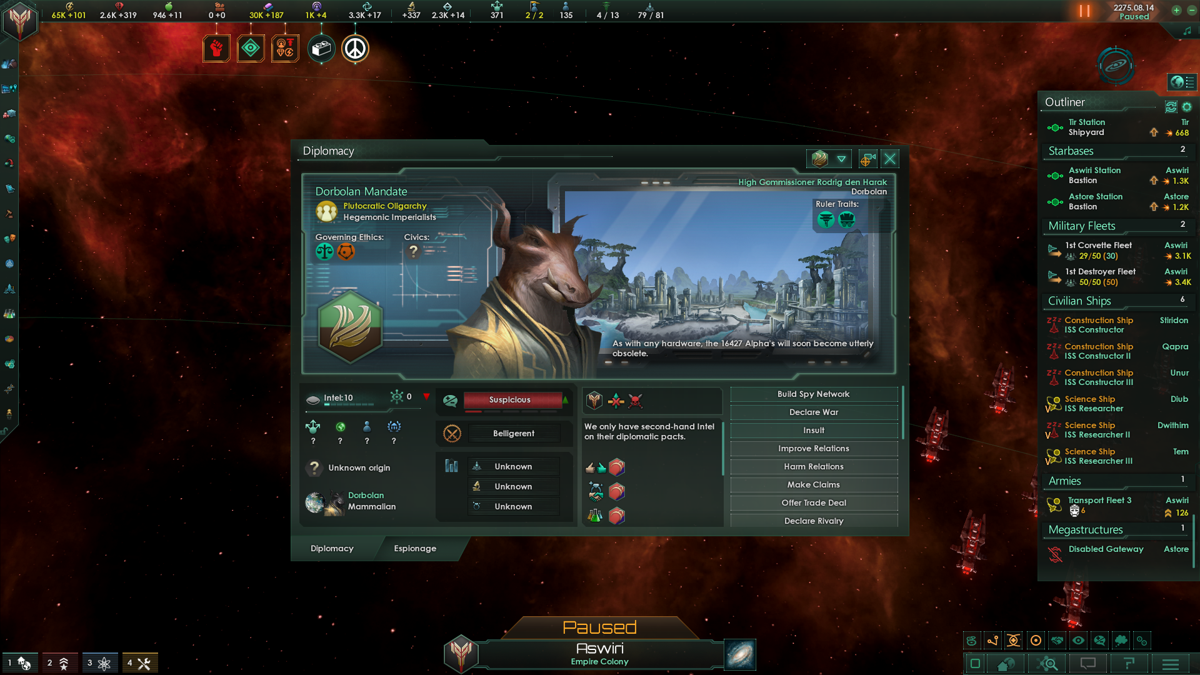 Stellaris (Windows) screenshot: The diplomacy screen of a rival empire