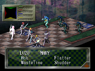 Persona (PlayStation) screenshot: Each character has four unique actions available for demon communication