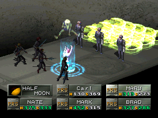 Persona (PlayStation) screenshot: Casting a powerful wind spell on the enemy party