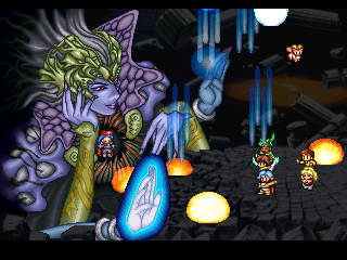 Lunar 2: Eternal Blue - Complete (PlayStation) screenshot: Every self-respecting villain comes in two forms. This Indian-style formidable opponent hurls all sorts of bad weather at us