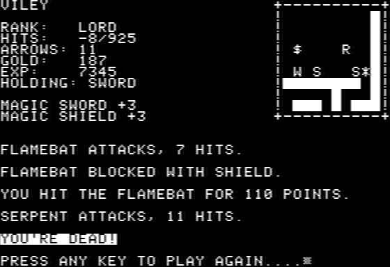 The Caverns of Freitag (Apple II) screenshot: Another adventurer's corpse litters the caverns.