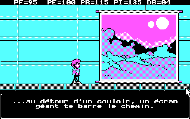 Le Labyrinthe de Morphintax (DOS) screenshot: A giant screen blocks the way