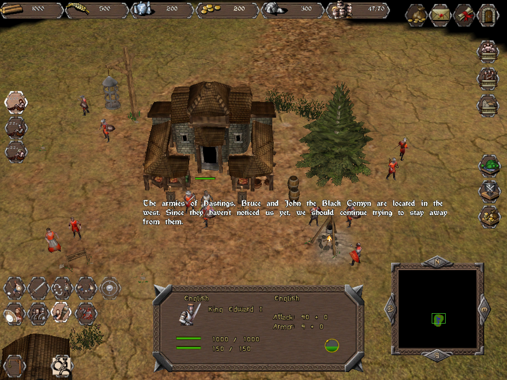 Highland Warriors (Windows) screenshot: Start of the demo scenario, with some (not very helpful) hints.
