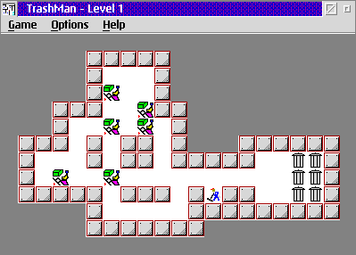 TrashMan (OS/2) screenshot: The beginning of Level 1. All six trash piles must be pushed into the garbage cans at the right.