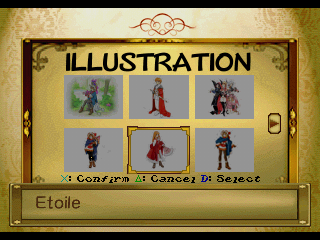 Rhapsody: A Musical Adventure (PlayStation) screenshot: The Illustration menu eventually becomes accessible. It contains all sorts of character graphics...