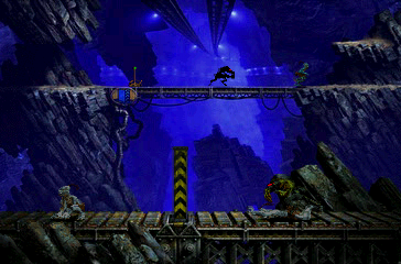 Oddworld: Abe's Exoddus (PlayStation) screenshot: Like before, some levels have depth perspective. In the background, Abe is trying to run away from a Slig