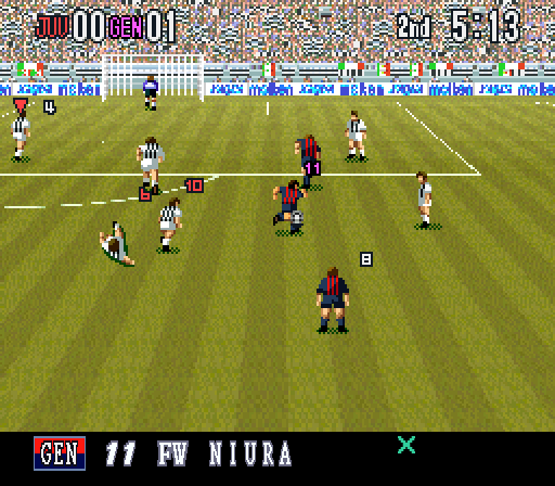 Super Formation Soccer 95: della Serie A (SNES) screenshot: All surnames are real, however, err... due to licensing arrangements(?), the only Japanese player (Kazu Miura) is displayed as Niura. Btw, X means that the player is injured, should be replaced.