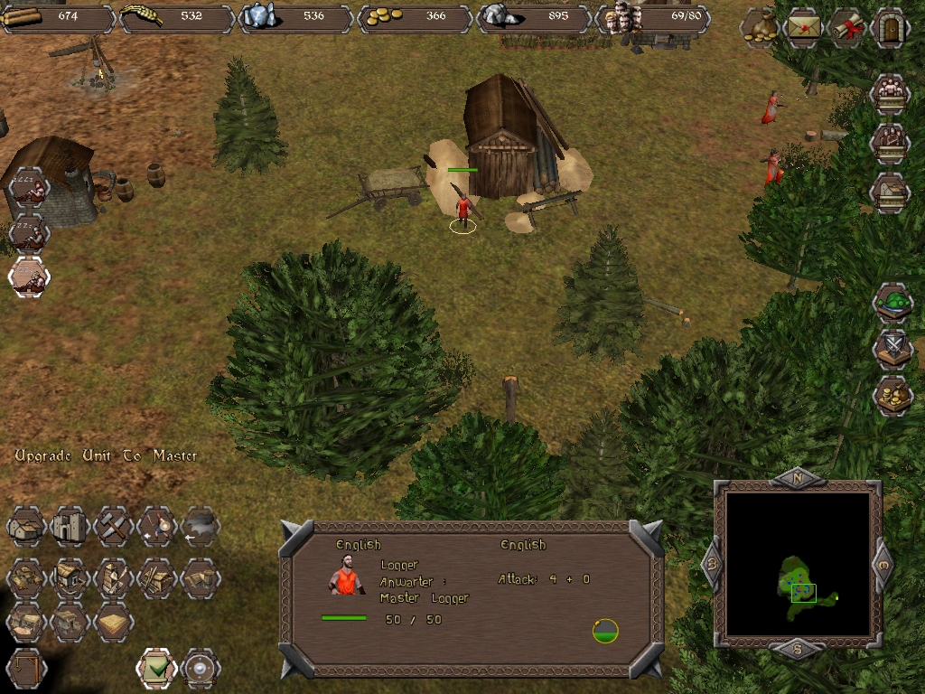 Highland Warriors (Windows) screenshot: Once a worker gains enough experience from continually doing a task, you can promote him/her to Master of that occupation, further increasing efficiency.