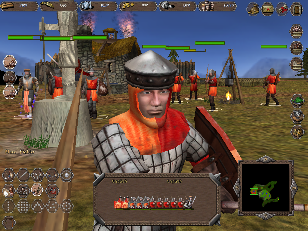 Highland Warriors (Windows) screenshot: A close-up of an ordinary maceman during the assault on the highlander settlement. This zoom level is not very suitable to command troops but makes for some cool scenery.