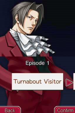Ace Attorney Investigations: Miles Edgeworth (Nintendo DS) screenshot: Similarly to previous Ace Attorney games, the backgrounds appear in the episode selection screen after you finish the specific episode.