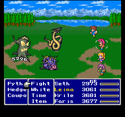 Final Fantasy Anthology (PlayStation) screenshot: Final Fantasy V: Simple world map battle - nice backgrounds, high damage...