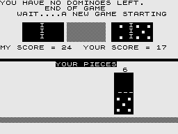 Dominoes (ZX81) screenshot: Out of bricks - a new game begins but the score is kept