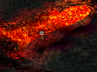 Thousand Arms (PlayStation) screenshot: Traversing a lava cave dungeon