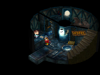 Thousand Arms (PlayStation) screenshot: Hotels are different, too - the screenshot gallery can't be too large, so this is just one cozy-looking example!