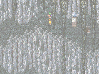 Suikoden (PlayStation) screenshot: Murky, misty dungeon with a save point