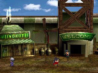 Thousand Arms (PlayStation) screenshot: The entrance to the mountain rail system that runs between several points of the game