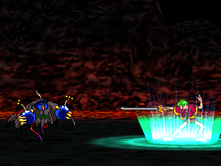 Thousand Arms (PlayStation) screenshot: Kyleen charges for an attack on a happy-looking bomber monster