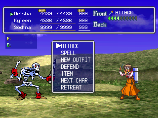 Thousand Arms (PlayStation) screenshot: Fighting skeletons on the world map. Displaying menu for my front character - in this case, Nelsha