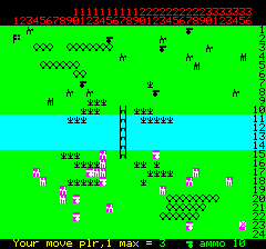 Johnny Reb (Oric) screenshot: The battlefield. Instead of left and right, the troops are placed on top and bottom of the screen in the Oric version.