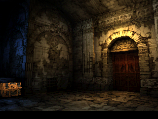 Vagrant Story (PlayStation) screenshot: Switch to first-person view for this grim and atmospheric vision of a dark cathedral