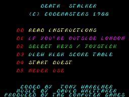 Death Stalker (ZX Spectrum) screenshot: Main menu