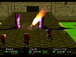 Wild Arms (PlayStation) screenshot: Battle in an open castle. Rudy uses his Bazooka ability on enemies. Nice effects!