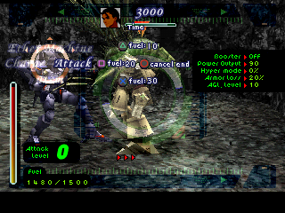 Xenogears (PlayStation) screenshot: Gear battle in a cave! Choosing your attack type - watch the fuel!
