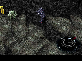 Xenogears (PlayStation) screenshot: The game has both on-foot and gear dungeons. This one is of the second variety. Gears can jump as well. Nearby is a save point and a robotic vendor