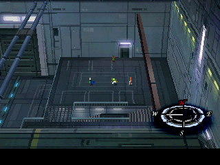 Xenogears (PlayStation) screenshot: Another impressive view - tiny people in a cold, mechanical dungeon...