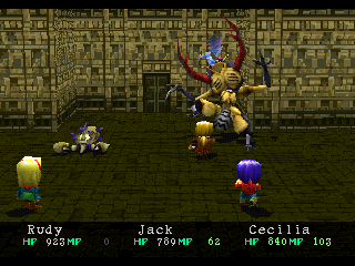 Wild Arms (PlayStation) screenshot: Jack attempts to steal from an intimidating enemy