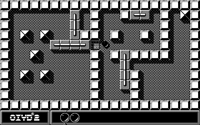 Oxyd 2 (Atari ST) screenshot: Level 2: like in Sokoban, you have to push stones (or in this case: rows of stones) out of the way