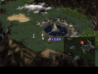 Xenogears (PlayStation) screenshot: On-foot world map exploration, around Nisan