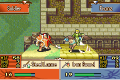 Fire Emblem: The Sacred Stones (Game Boy Advance) screenshot: My knight has bad weapon