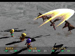Wild Arms (PlayStation) screenshot: Low-level spell cast on flying enemies with snowy backgrounds