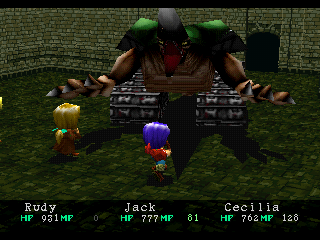 Wild Arms (PlayStation) screenshot: Whoa! Fighting a tank-like monster!..