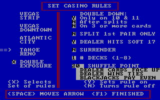 Championship Blackjack (DOS) screenshot: You can mess with the house rules to your liking, or choose from a few presets