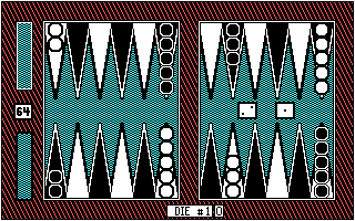 Backgammon 5.0 (PC Booter) screenshot: ...or you can let the computer roll. (CGA)