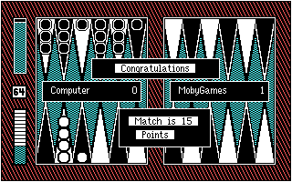 Backgammon 5.0 (PC Booter) screenshot: Man triumphs against the machine. (CGA)