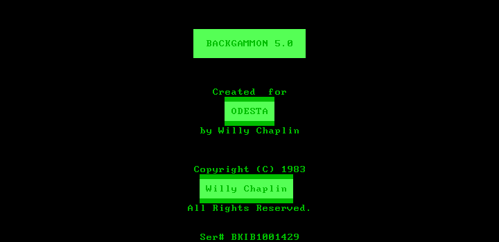 Backgammon 5.0 (PC Booter) screenshot: Title screen (monochrome)