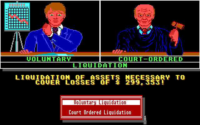 Oil Barons (DOS) screenshot: Forced into a liquidation of assets