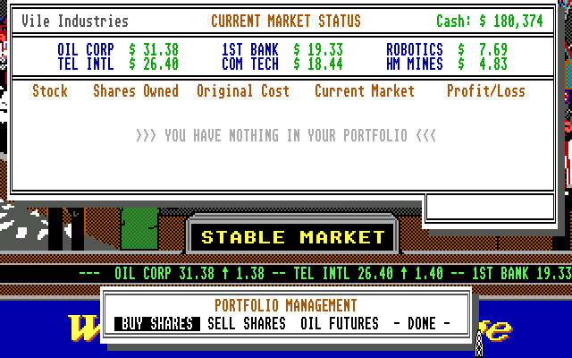 Oil Barons (DOS) screenshot: Buying shares